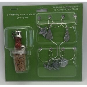 Christmas Stocking Wine Bottle Cork With Holiday Theme Glass Charms New